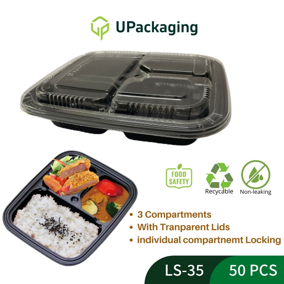 LS-35 Black (Set) 3 Compartment Lunch Box - Non Leaking